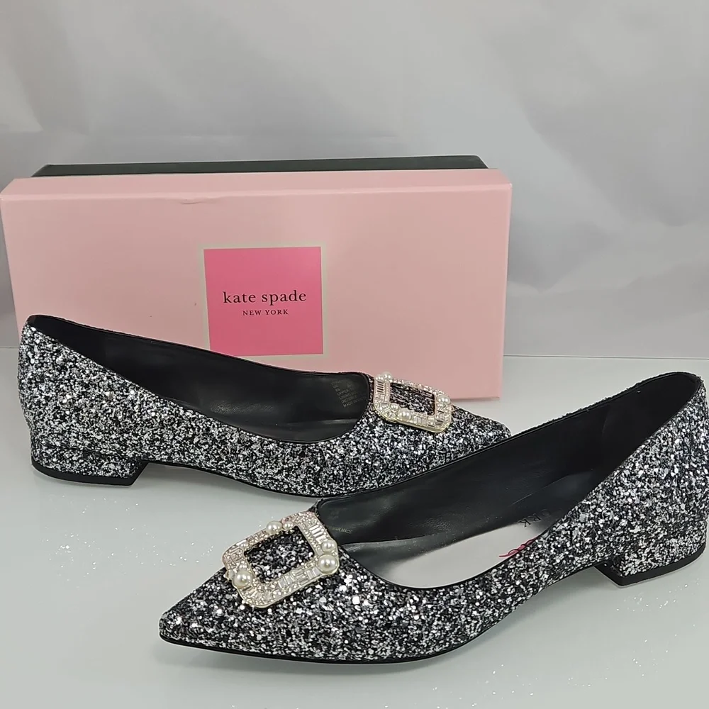 Kate Spade Silver Buckle Up Glitter Flats Size 38.5 - Picture 7 of 15